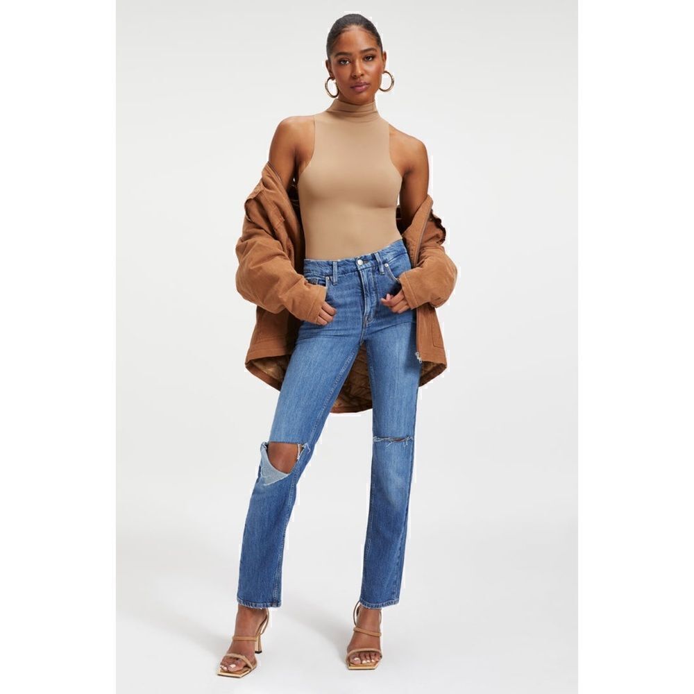 Good American Good 90s Icon Ripped Straight Leg High Rise Stretch Denim Jeans - Picture 2 of 16